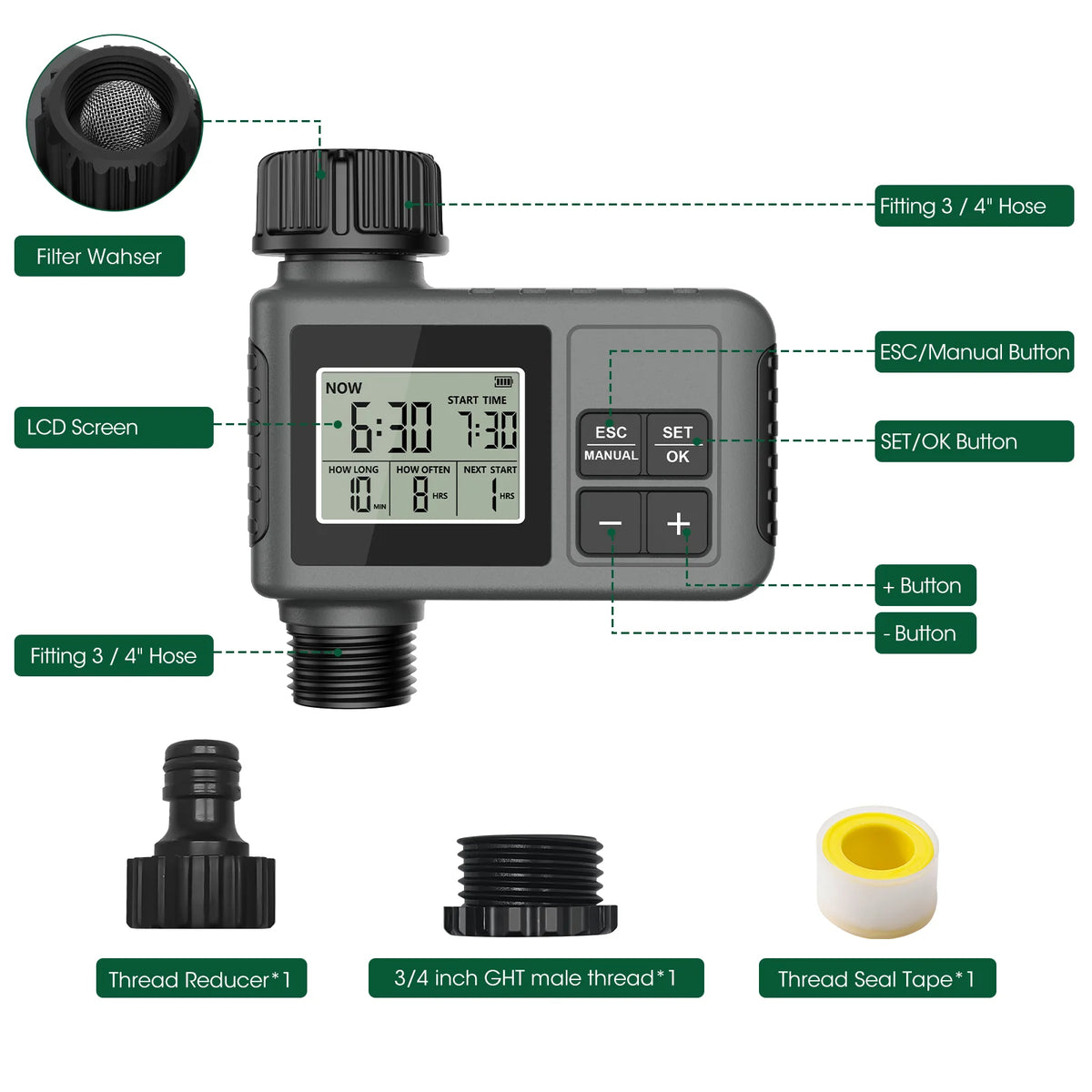 Insoma temporizador automático de água, sistema inteligente de irrigação, temporizador de aspersão, equipamento programador de jardim, display lcd ipx7